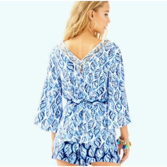 Lilly Pulitzer Resort White Kailen Top Drop In Blue Shells Embellished Tie Waist - Picture 2 of 13